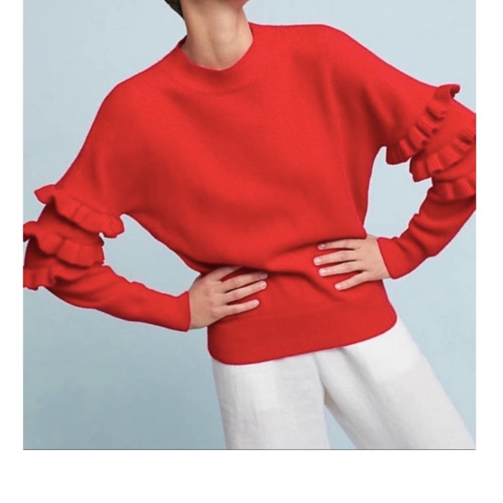 Line & Dot Ruffle Sleeve Crewneck Red Sweater Small